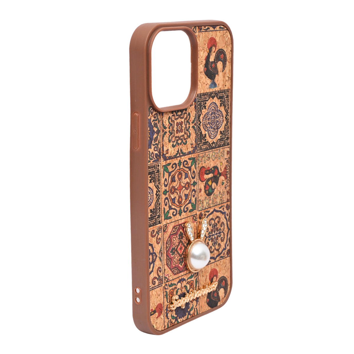 Bohemian Ethnic Print Cork Texture with Pearl Detail Phone Case for iPhone 13 Pro Max