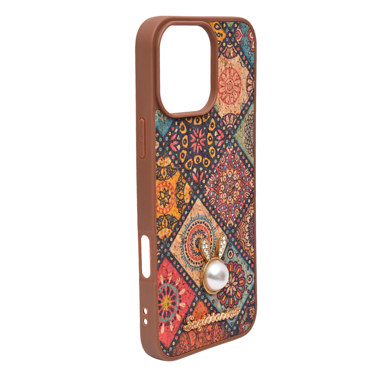 Bohemian Ethnic Print Cork Texture with Pearl Detail Phone Case for iPhone 16 Pro Max