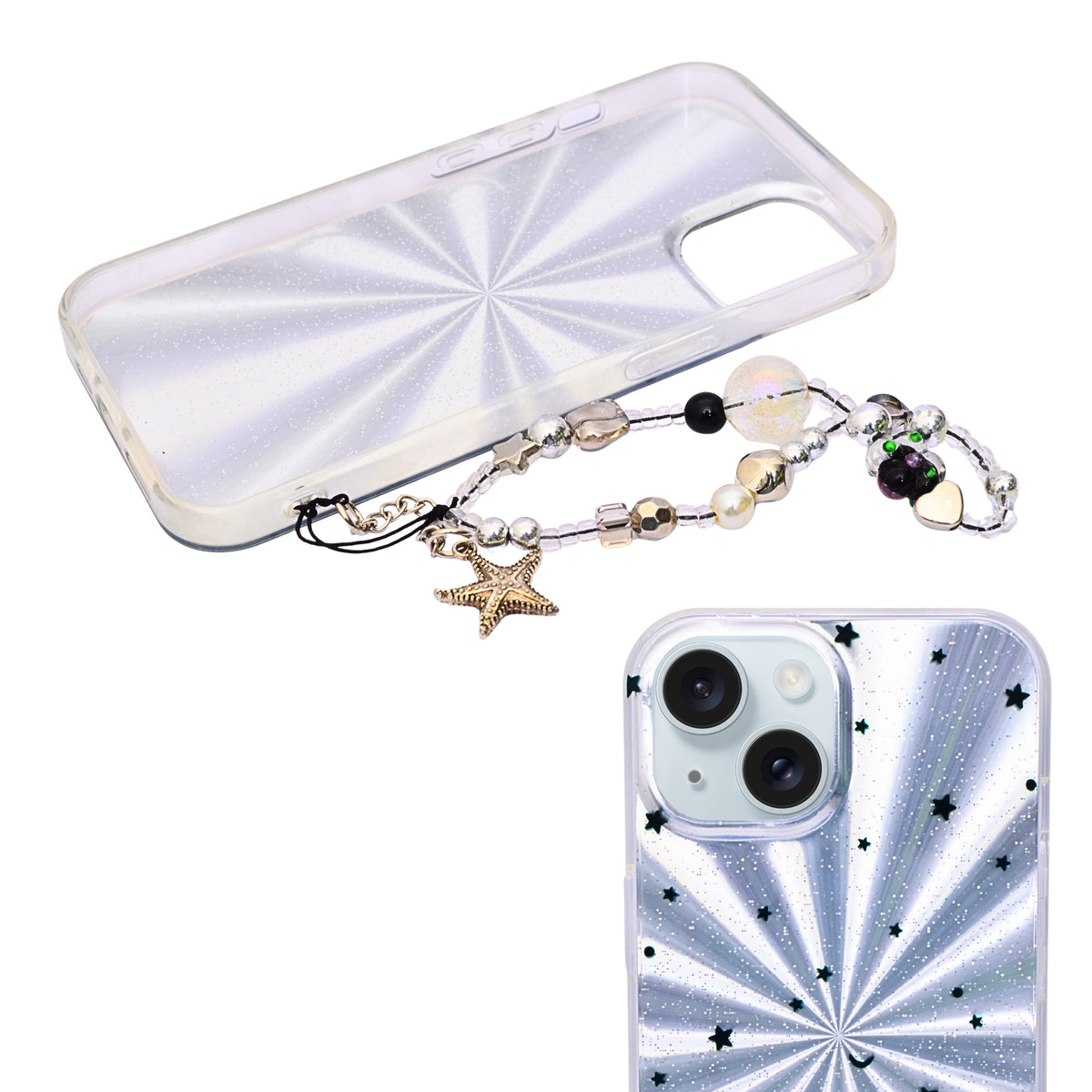 Midnight Stars Cosmic Sparkle with Beaded Wrist Strap Phone Case for iPhone 15