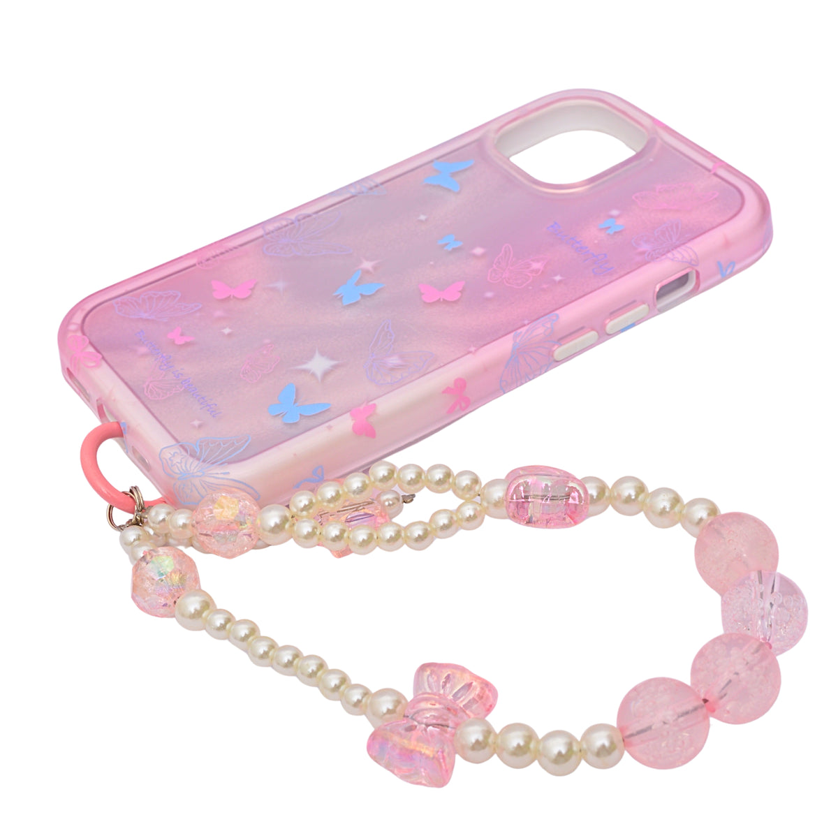 Aesthetic Glitter Butterfly with Pearl Beaded Wrist Strap Phone Case for iPhone 15