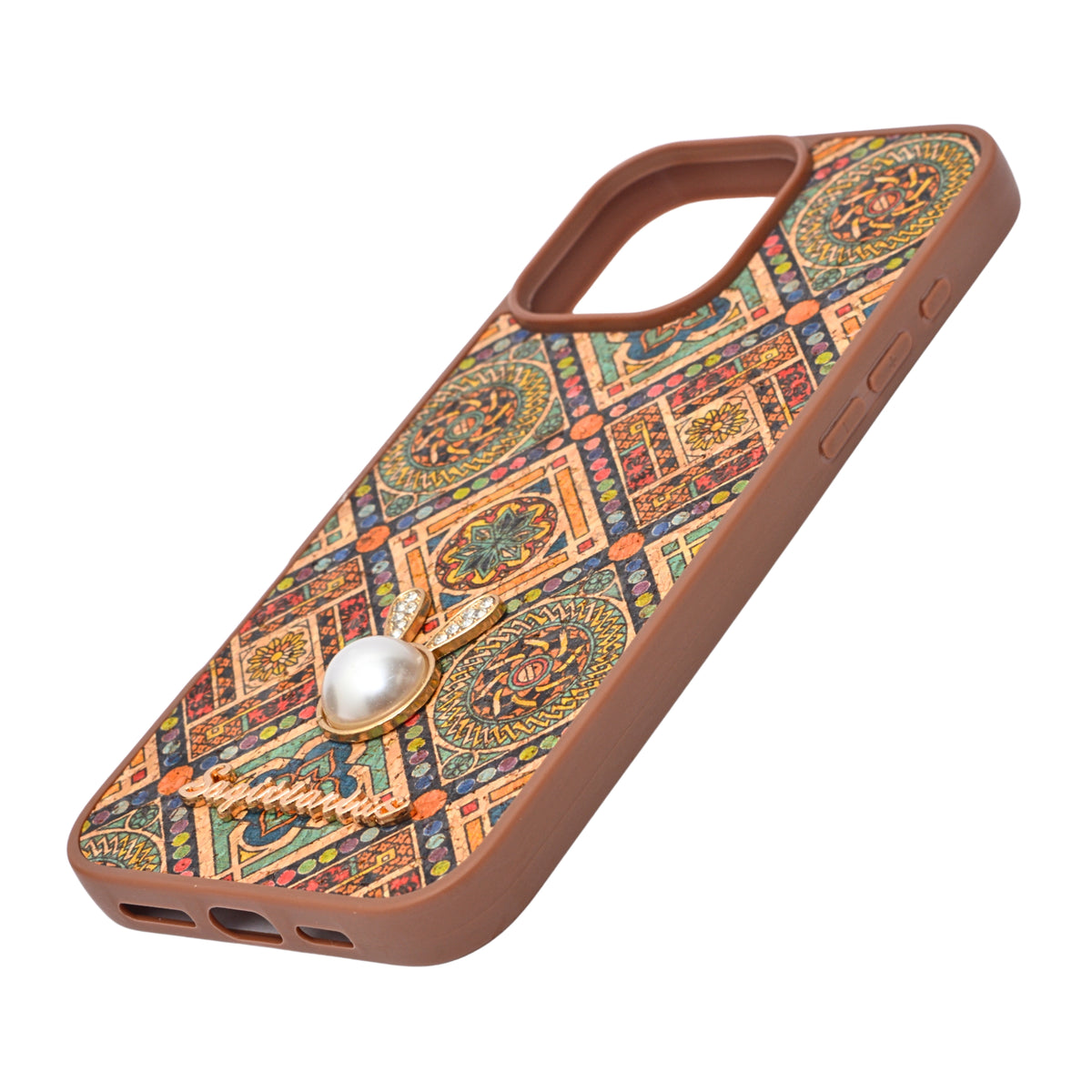 Bohemian Ethnic Print Cork Texture with Pearl Detail Phone Case for iPhone 16 Pro Max