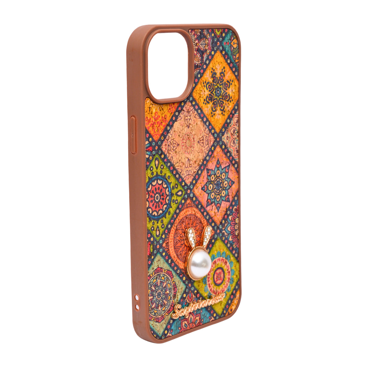 Bohemian Ethnic Print Cork Texture with Pearl Detail Phone Case for iPhone 14 Plus / 15 Plus
