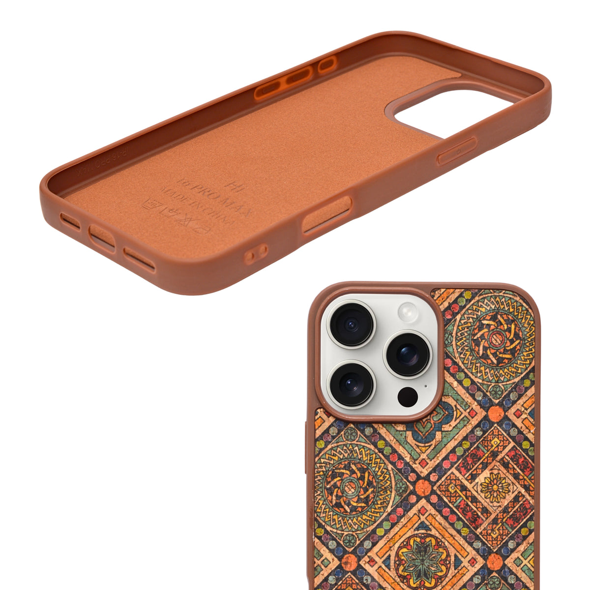Bohemian Ethnic Print Cork Texture with Pearl Detail Phone Case for iPhone 16 Pro Max