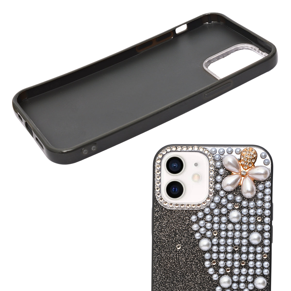 Luxury Glitter Finish with 3D Pearl Flower Design Phone Case for iPhone 12 / 12 Pro