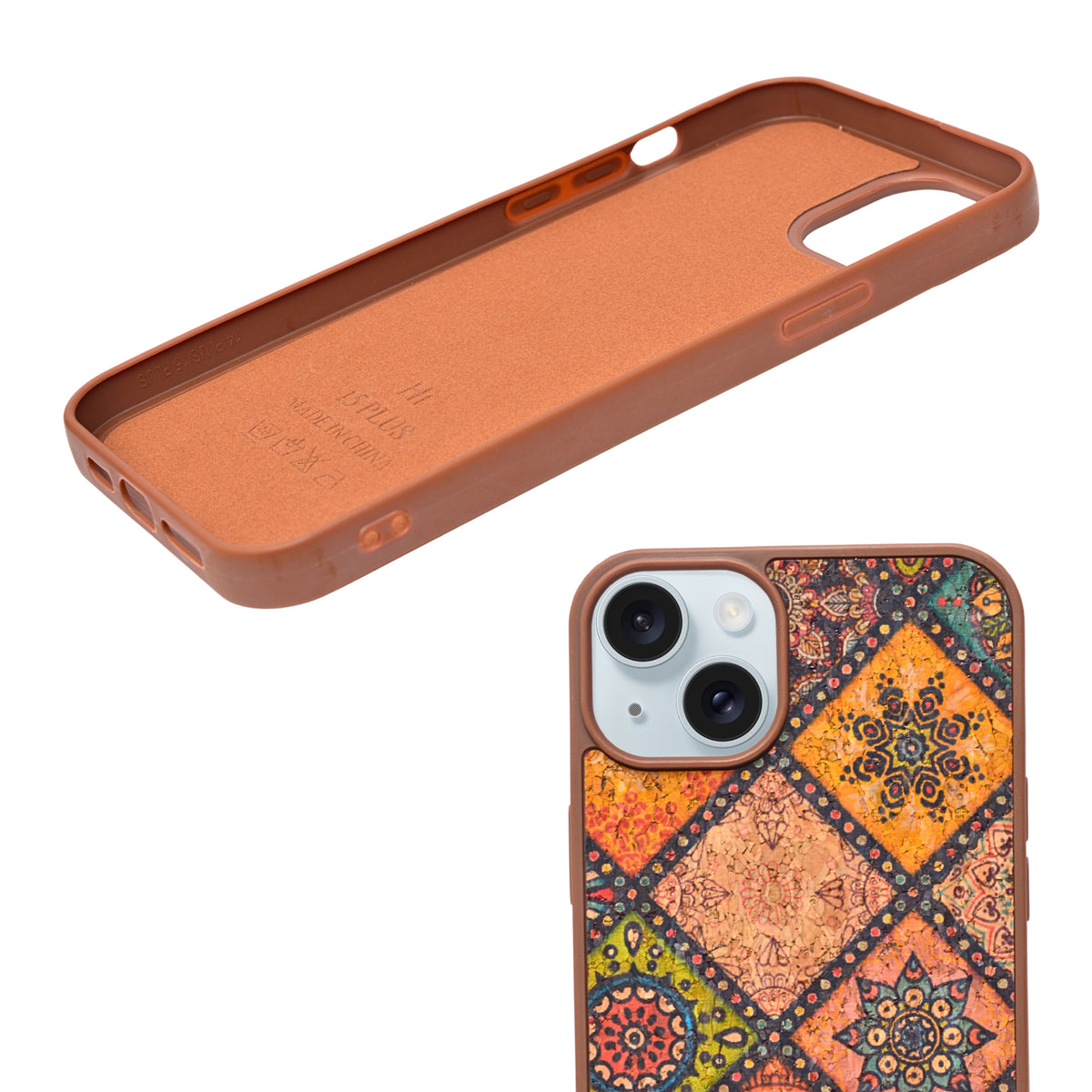 Bohemian Ethnic Print Cork Texture with Pearl Detail Phone Case for iPhone 14 Plus / 15 Plus