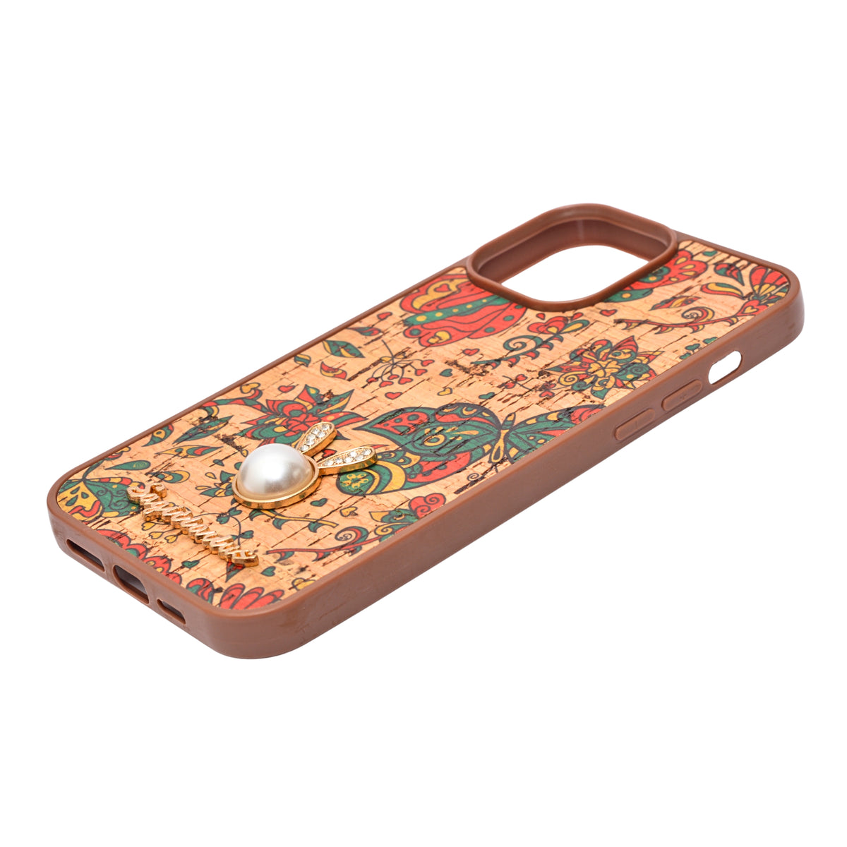 Bohemian Ethnic Print Cork Texture with Pearl Detail Phone Case for iPhone 13 Pro Max