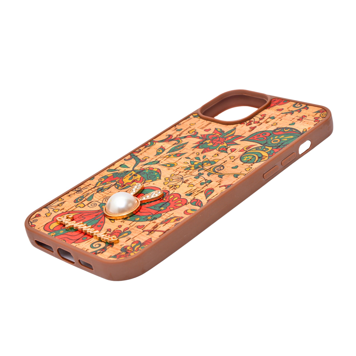 Bohemian Ethnic Print Cork Texture with Pearl Detail Phone Case for iPhone 14 Plus / 15 Plus