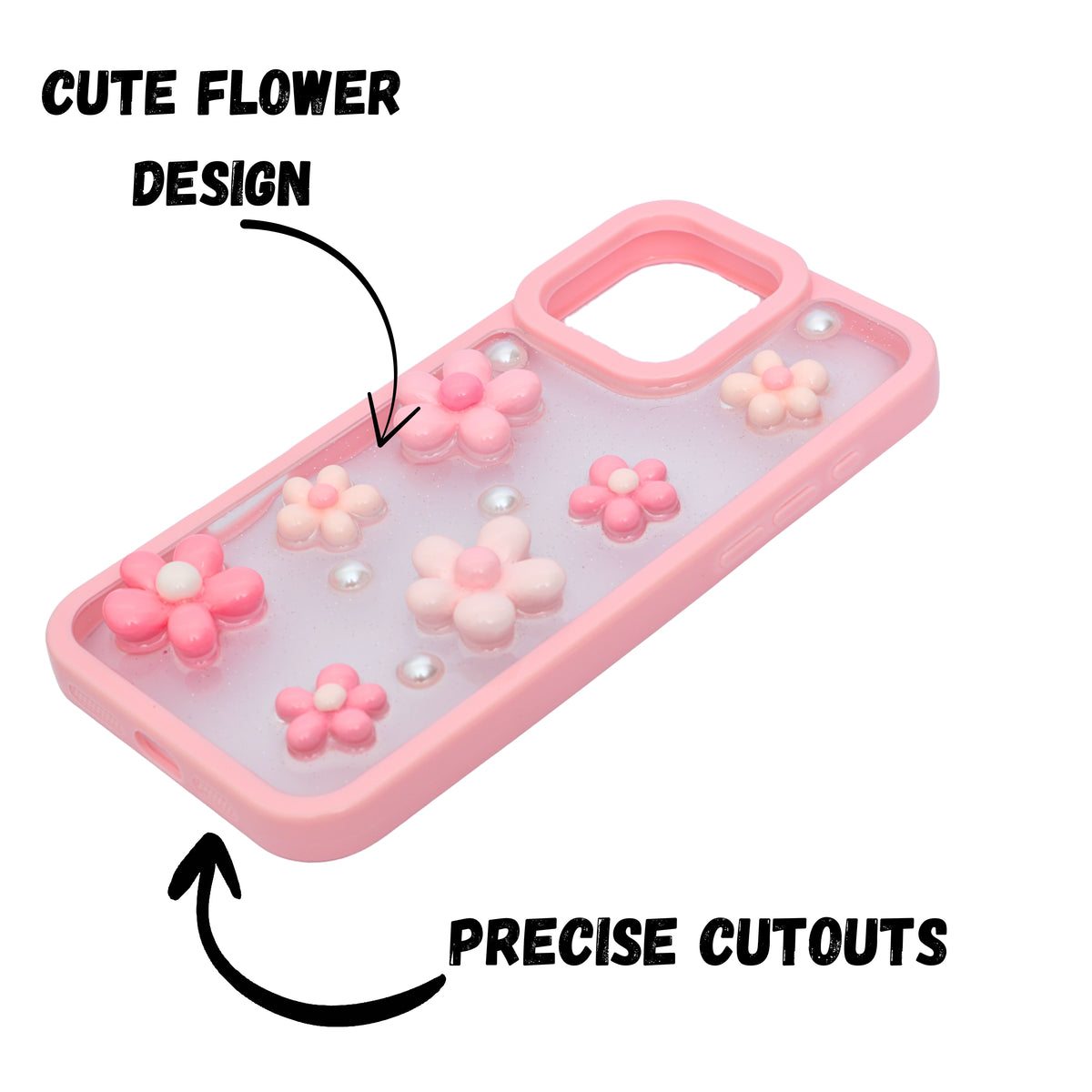 3D Pink Floral Pearl Design Protective Phone Case for iPhone 16 Pro Max