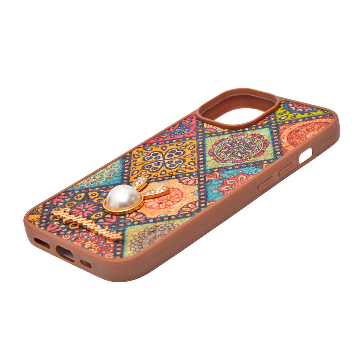 Bohemian Ethnic Print Cork Texture with Pearl Detail Phone Case for iPhone 15