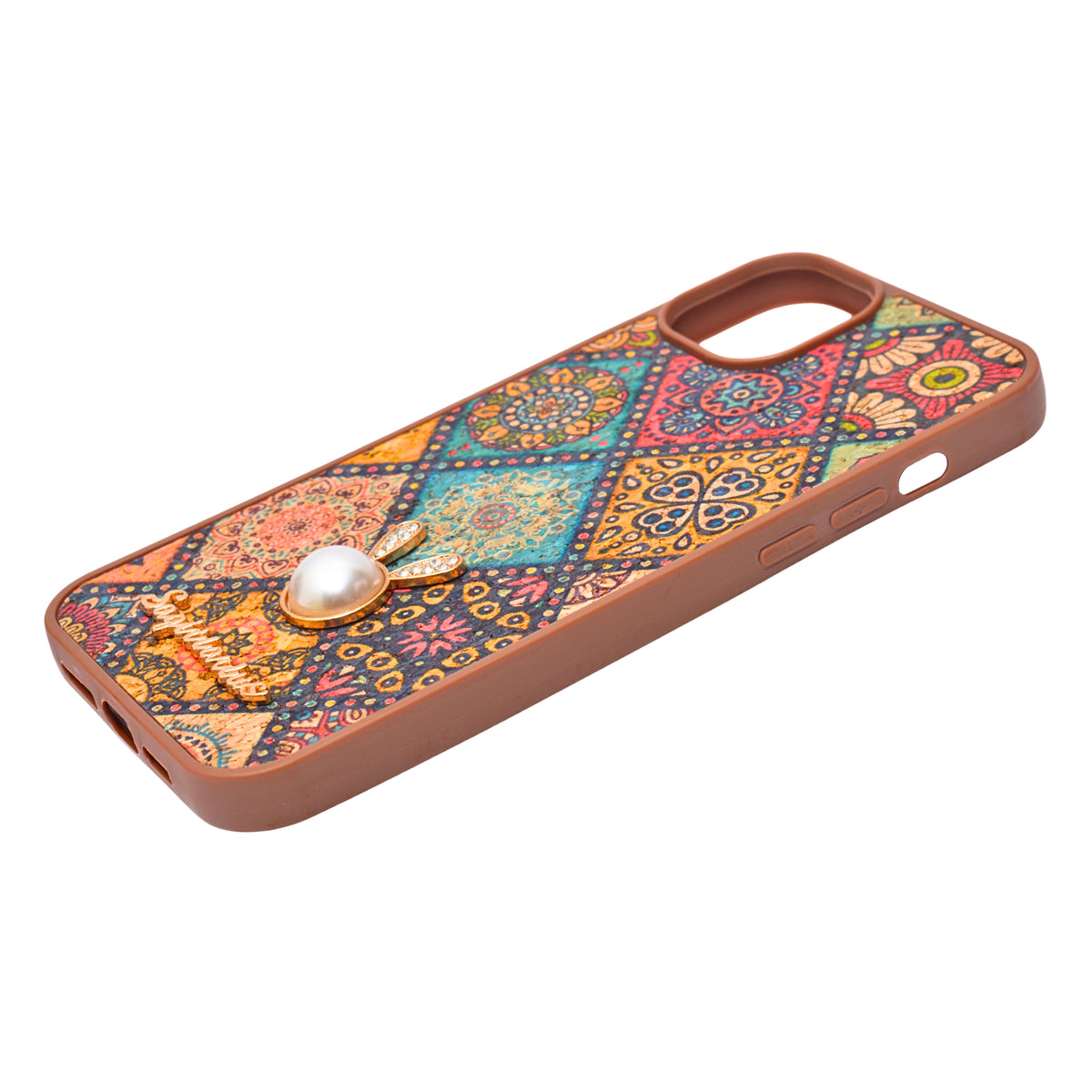 Bohemian Ethnic Print Cork Texture with Pearl Detail Phone Case for iPhone 14 Plus / 15 Plus