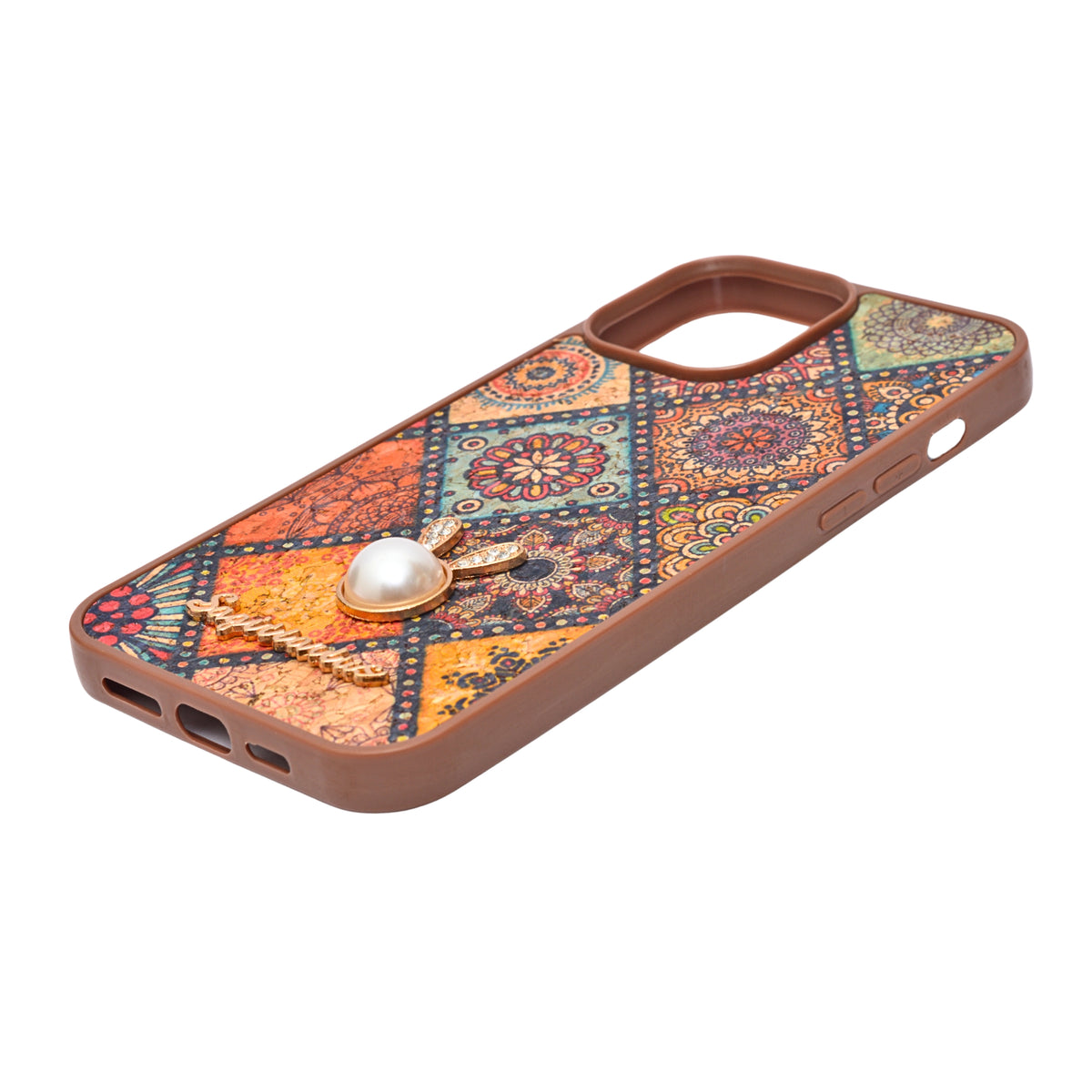 Bohemian Ethnic Print Cork Texture with Pearl Detail Phone Case for iPhone 13 Pro Max
