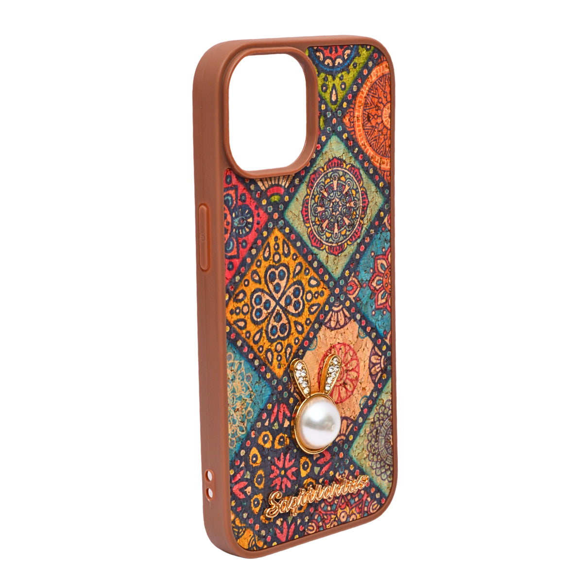 Bohemian Ethnic Print Cork Texture with Pearl Detail Phone Case for iPhone 15