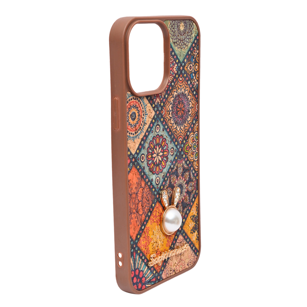 Bohemian Ethnic Print Cork Texture with Pearl Detail Phone Case for iPhone 13 Pro Max