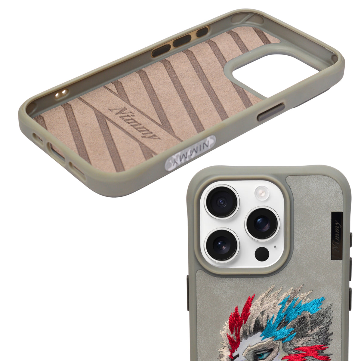 Nimmy 3D Embroidered Lion Leather Phone Case for iPhone 15 Pro