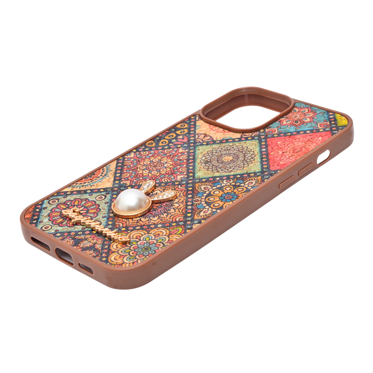 Bohemian Ethnic Print Cork Texture with Pearl Detail Phone Case for iPhone 13 Pro Max
