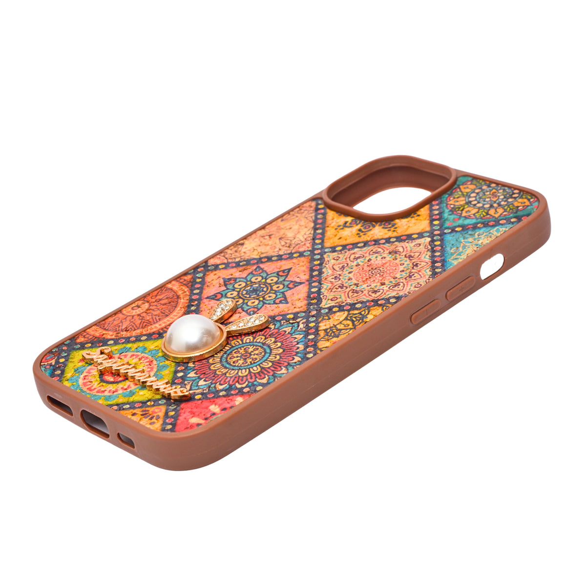 Bohemian Ethnic Print Cork Texture with Pearl Detail Phone Case for iPhone 15