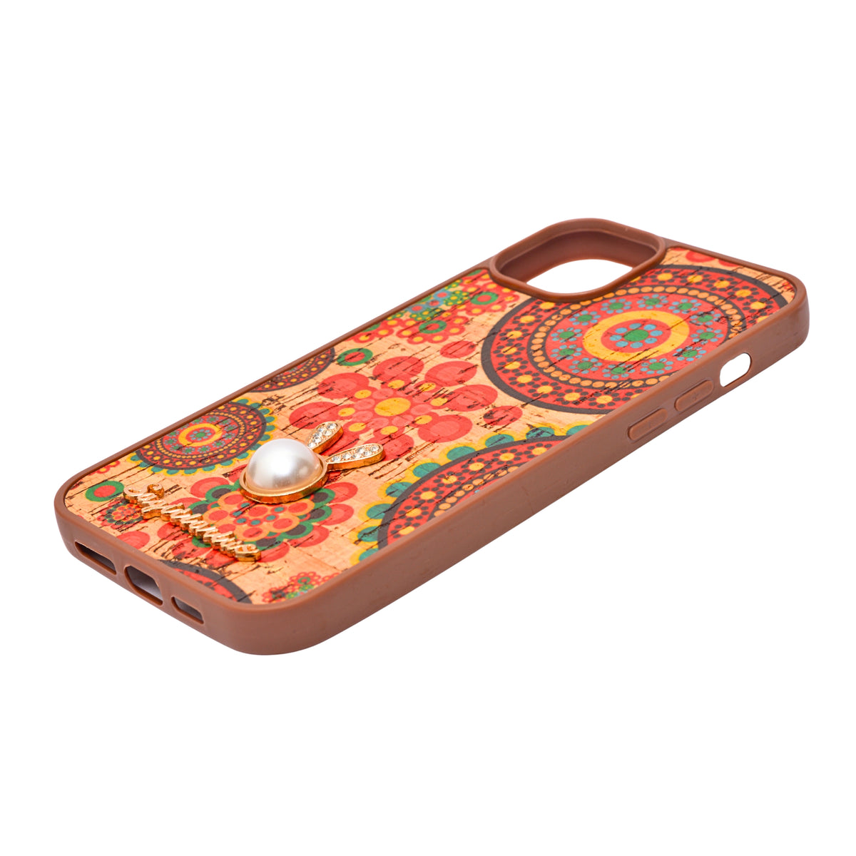 Bohemian Ethnic Print Cork Texture with Pearl Detail Phone Case for iPhone 14 Plus / 15 Plus
