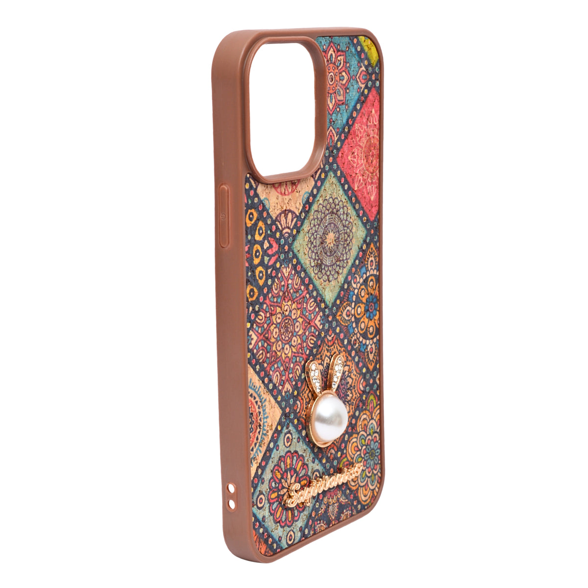 Bohemian Ethnic Print Cork Texture with Pearl Detail Phone Case for iPhone 13 Pro Max