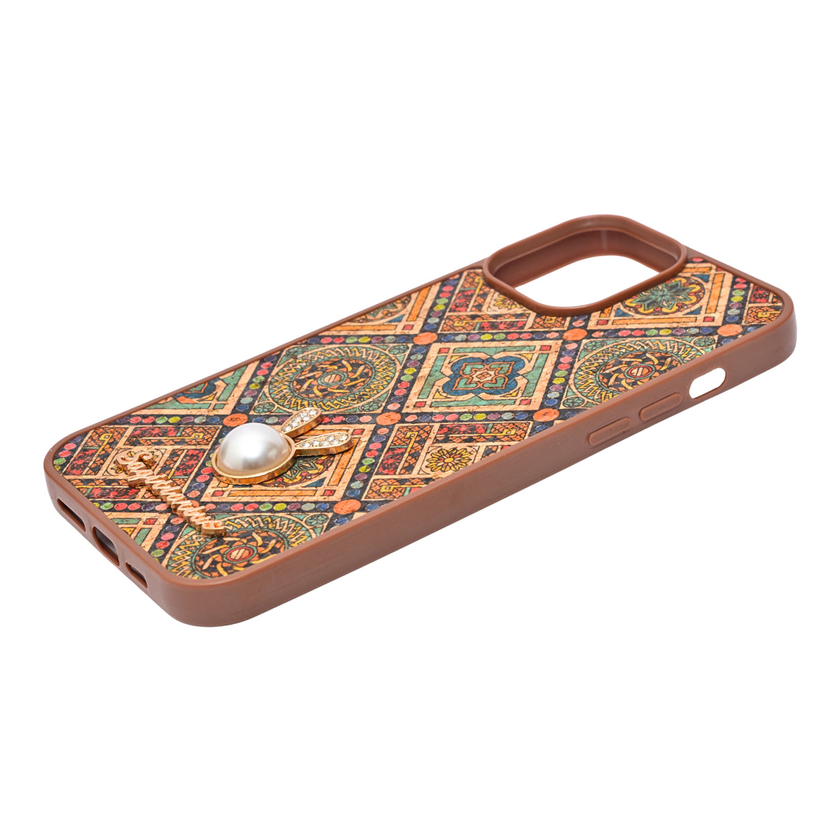 Bohemian Ethnic Print Cork Texture with Pearl Detail Phone Case for iPhone 13 Pro Max