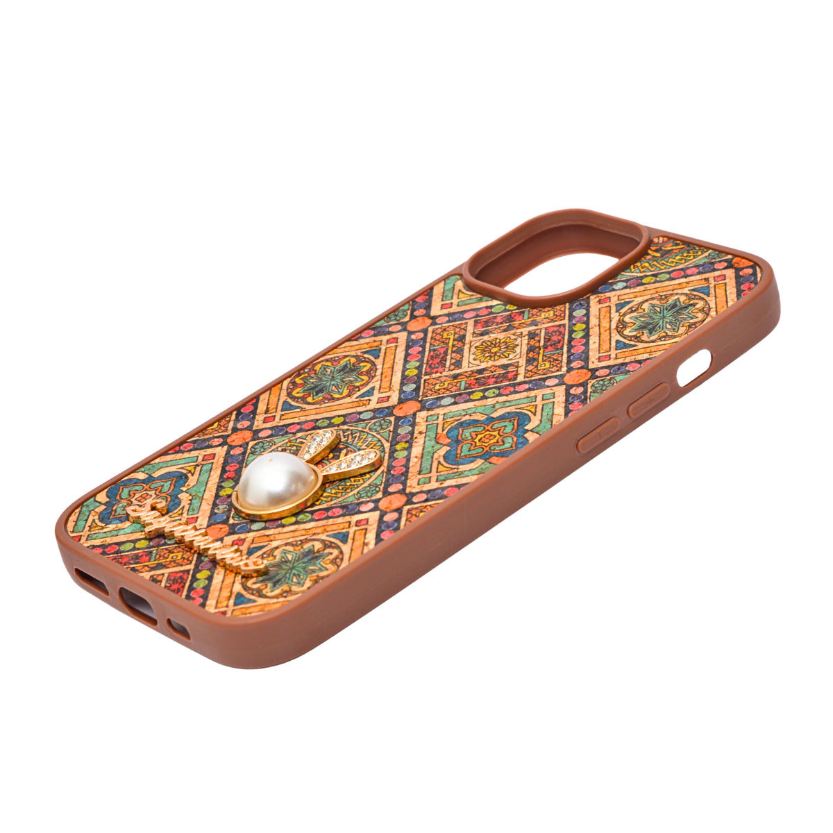 Bohemian Ethnic Print Cork Texture with Pearl Detail Phone Case for iPhone 15