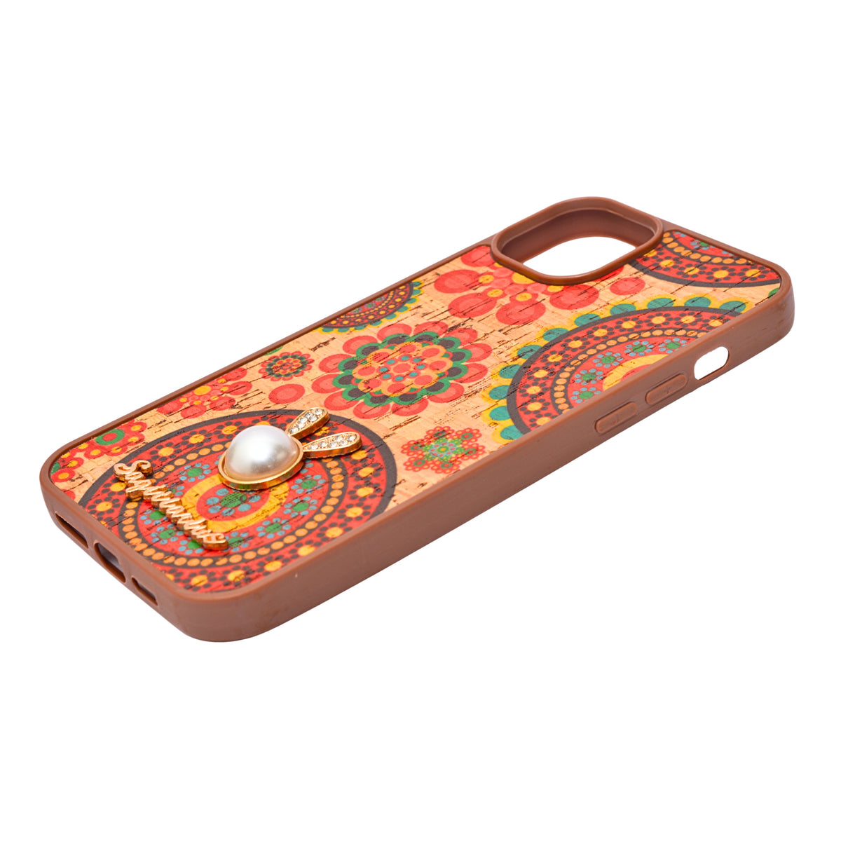 Bohemian Ethnic Print Cork Texture with Pearl Detail Phone Case for iPhone 14 Plus / 15 Plus