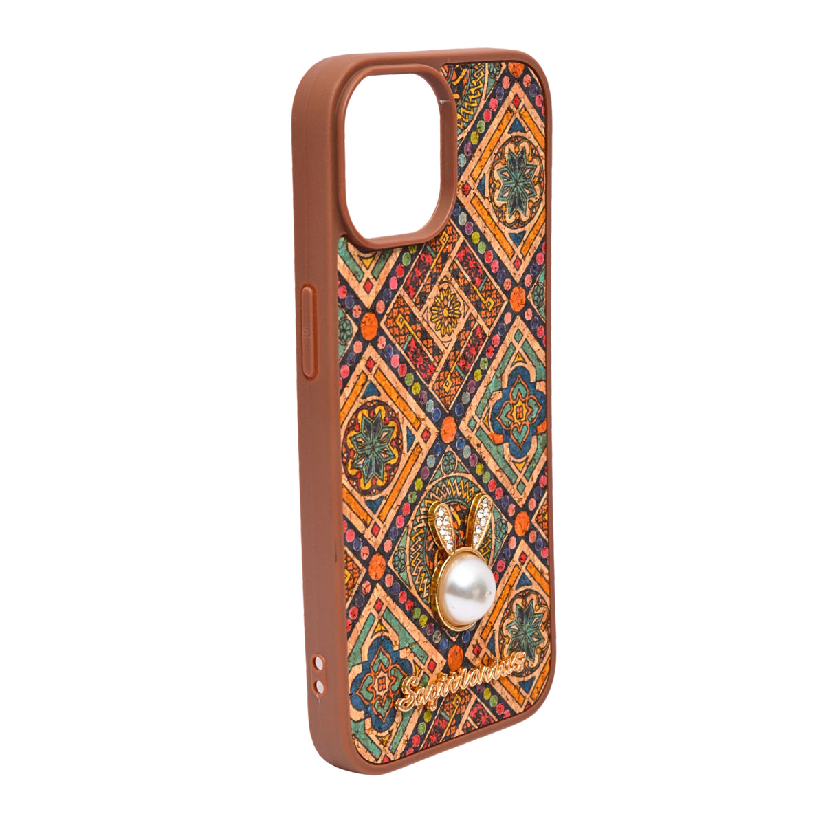 Bohemian Ethnic Print Cork Texture with Pearl Detail Phone Case for iPhone 15