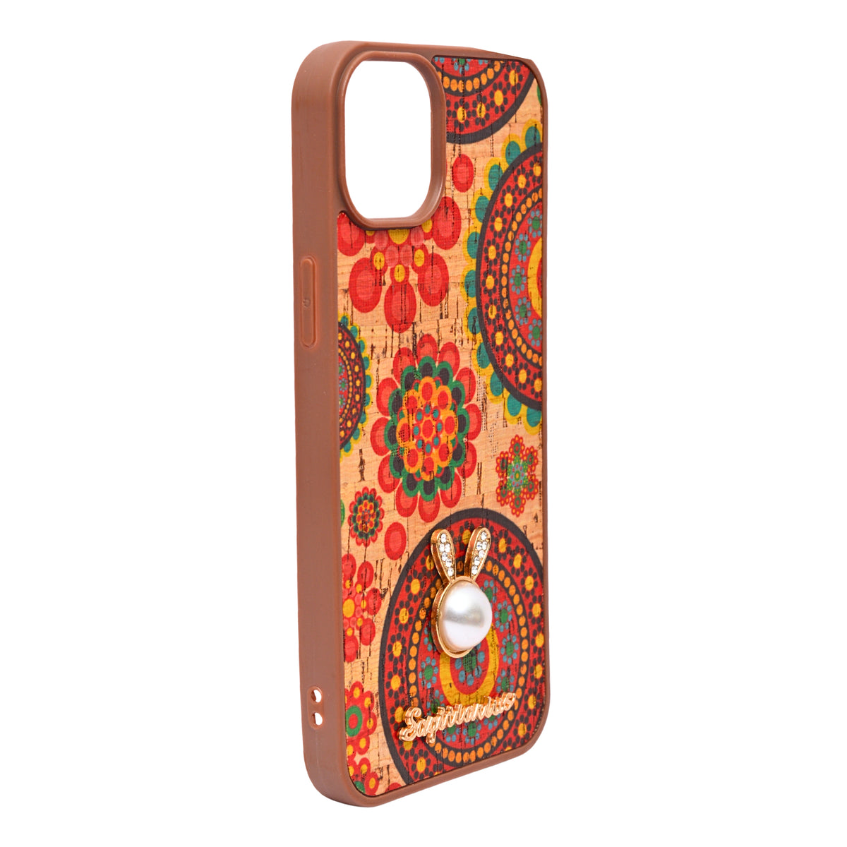 Bohemian Ethnic Print Cork Texture with Pearl Detail Phone Case for iPhone 14 Plus / 15 Plus