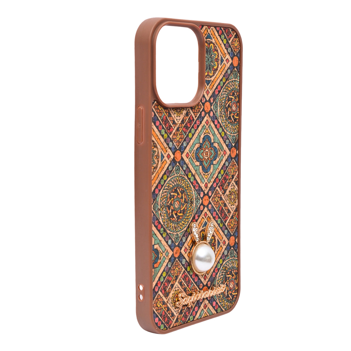 Bohemian Ethnic Print Cork Texture with Pearl Detail Phone Case for iPhone 13 Pro Max