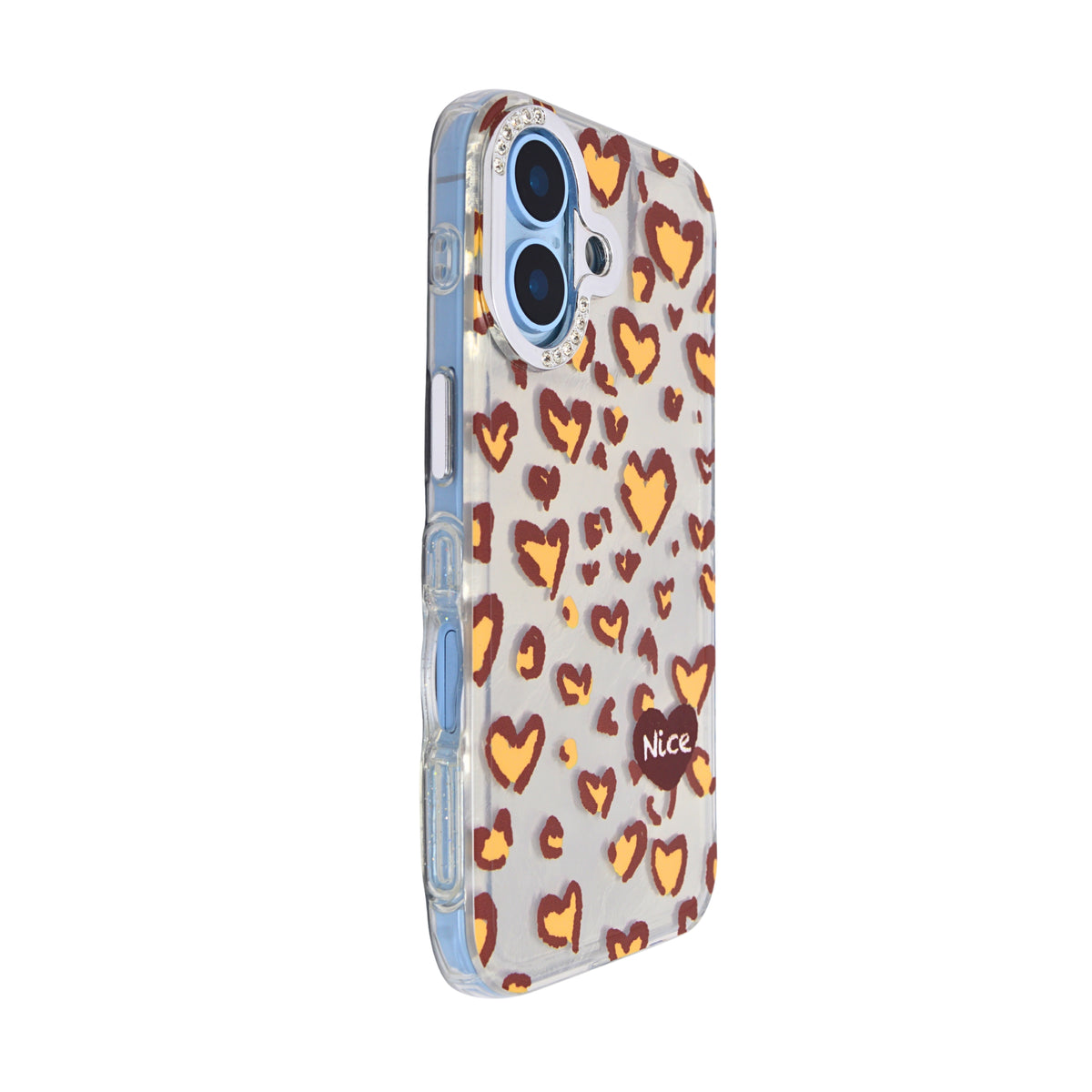 Heart Leopard Print with Diamond Accent Phone Case for iPhone 16