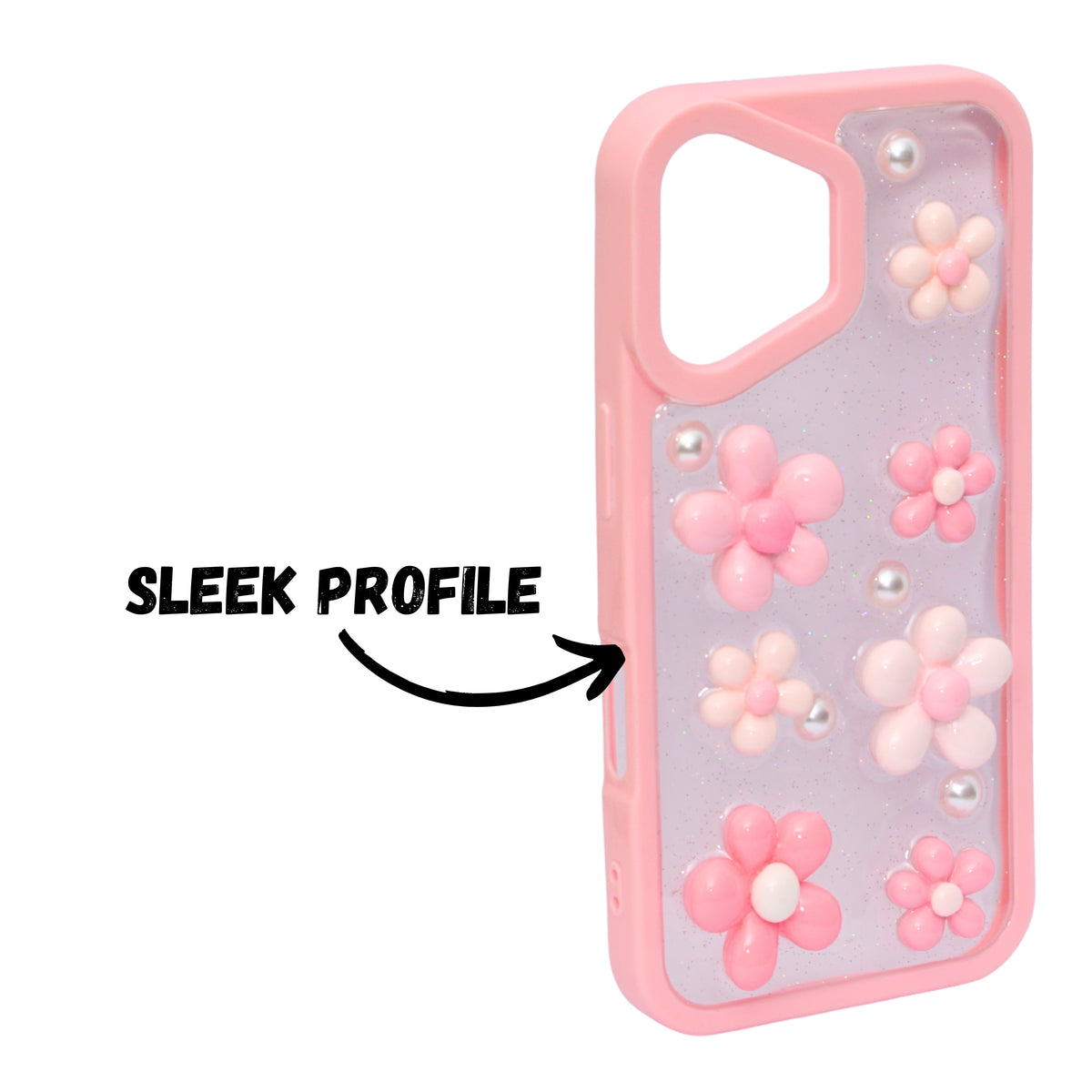 3D Pink Floral Pearl Design Protective Phone Case for iPhone 16