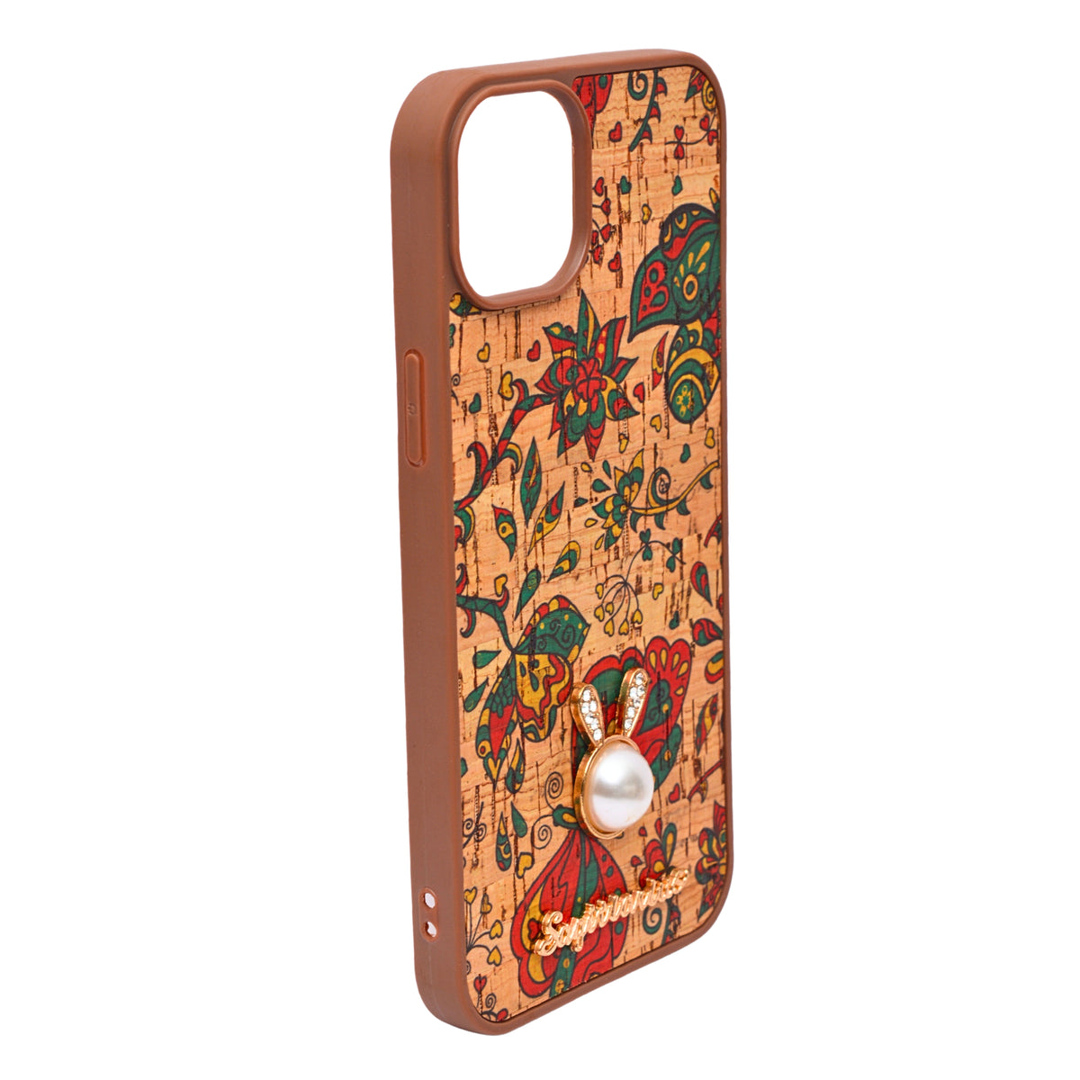 Bohemian Ethnic Print Cork Texture with Pearl Detail Phone Case for iPhone 14 Plus / 15 Plus
