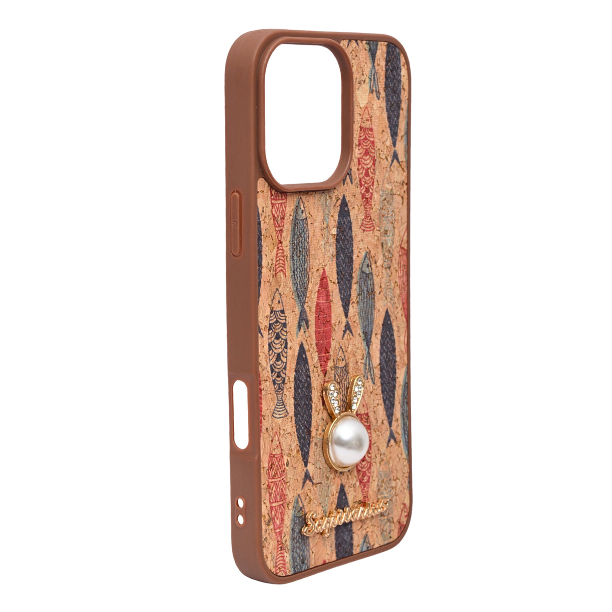 Bohemian Ethnic Print Cork Texture with Pearl Detail Phone Case for iPhone 16 Pro Max