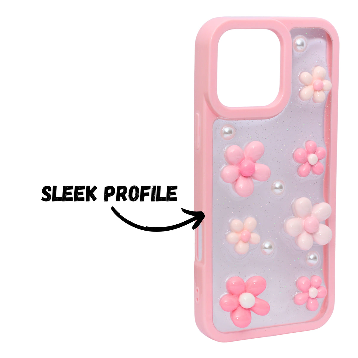 3D Pink Floral Pearl Design Protective Phone Case for iPhone 16 Pro Max