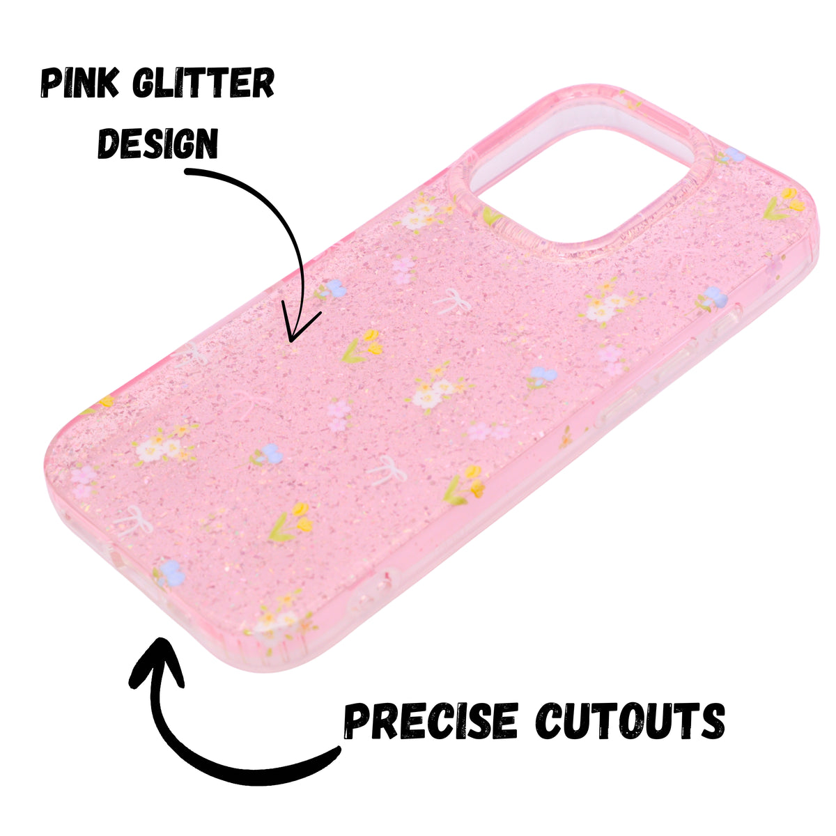 Sparkle Floral Bow with Pearl & Butterfly Charm Wristlet Phone Case for iPhone 16 Pro