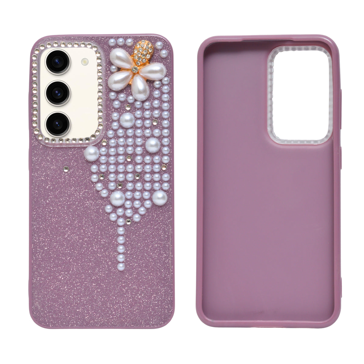 Luxury Glitter Finish with 3D Pearl Flower Design Phone Case for Samsung Galaxy S23