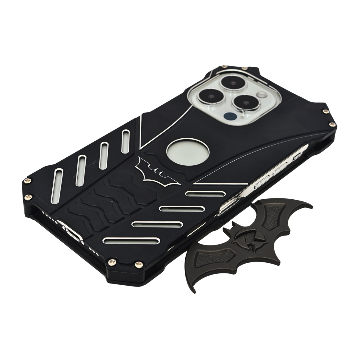 Premium Metal Bat Phone Case with Screw Detailing and Logo Cutout for iPhone 13 Pro