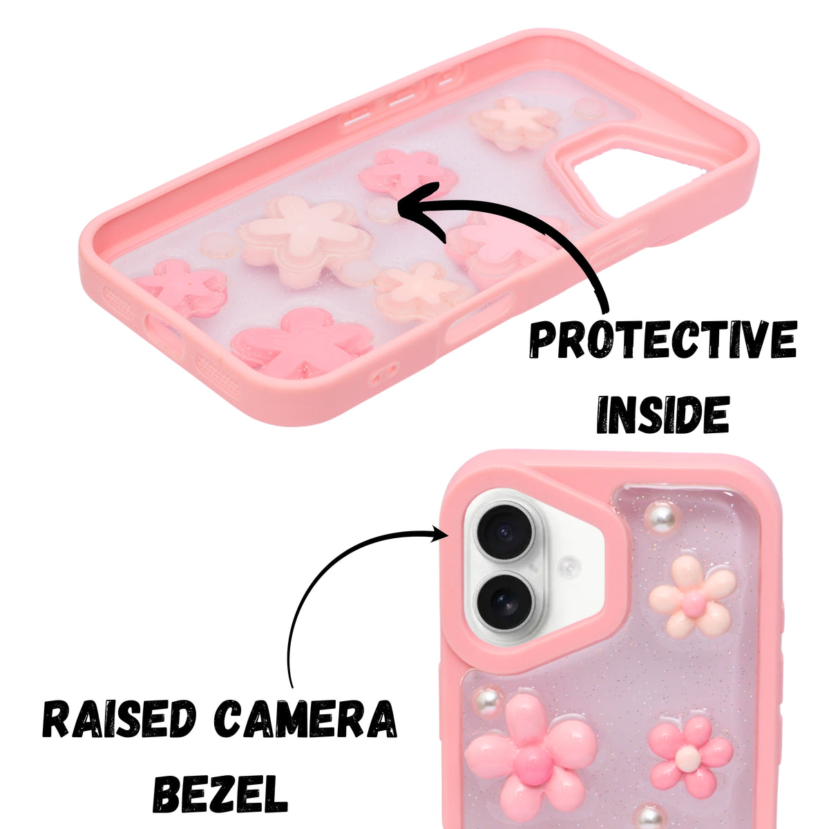 3D Pink Floral Pearl Design Protective Phone Case for iPhone 16