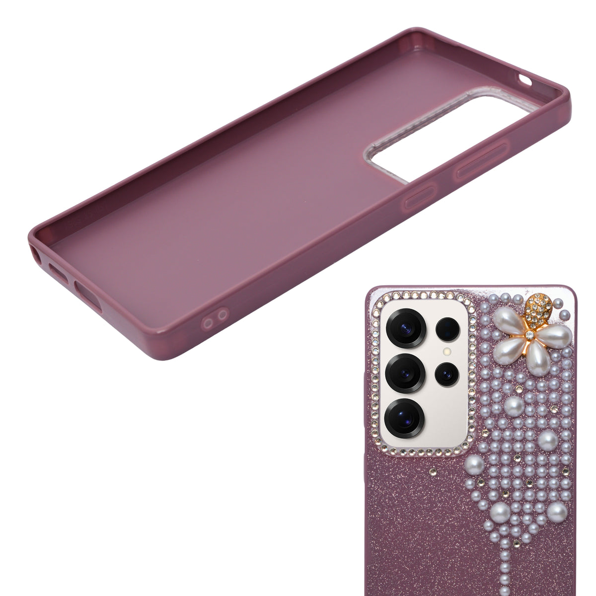 Luxury Glitter Finish with 3D Pearl Flower Design Phone Case for Samsung S23 Ultra