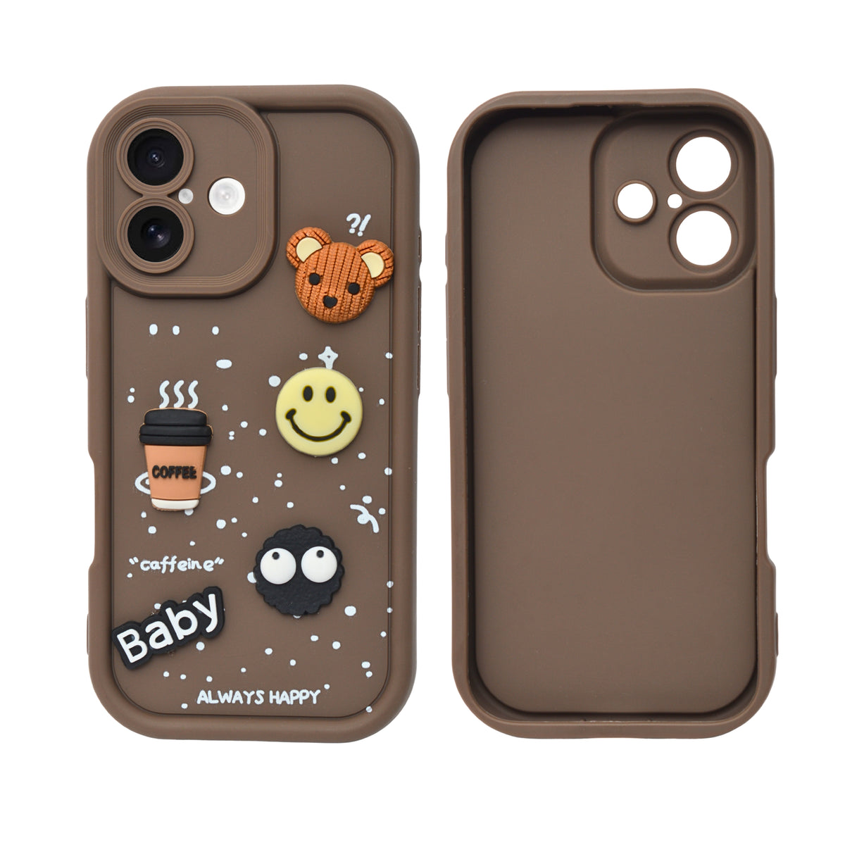 Adorable Coffee Vibe 3D Patch Silicone Phone Case with Cute Bear and Smiley for iPhone 16