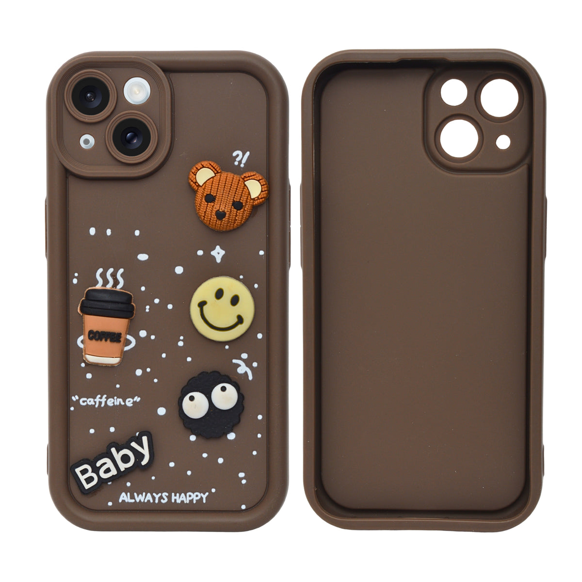 Adorable Coffee Vibe 3D Patch Silicone Phone Case with Cute Bear and Smiley for iPhone 15
