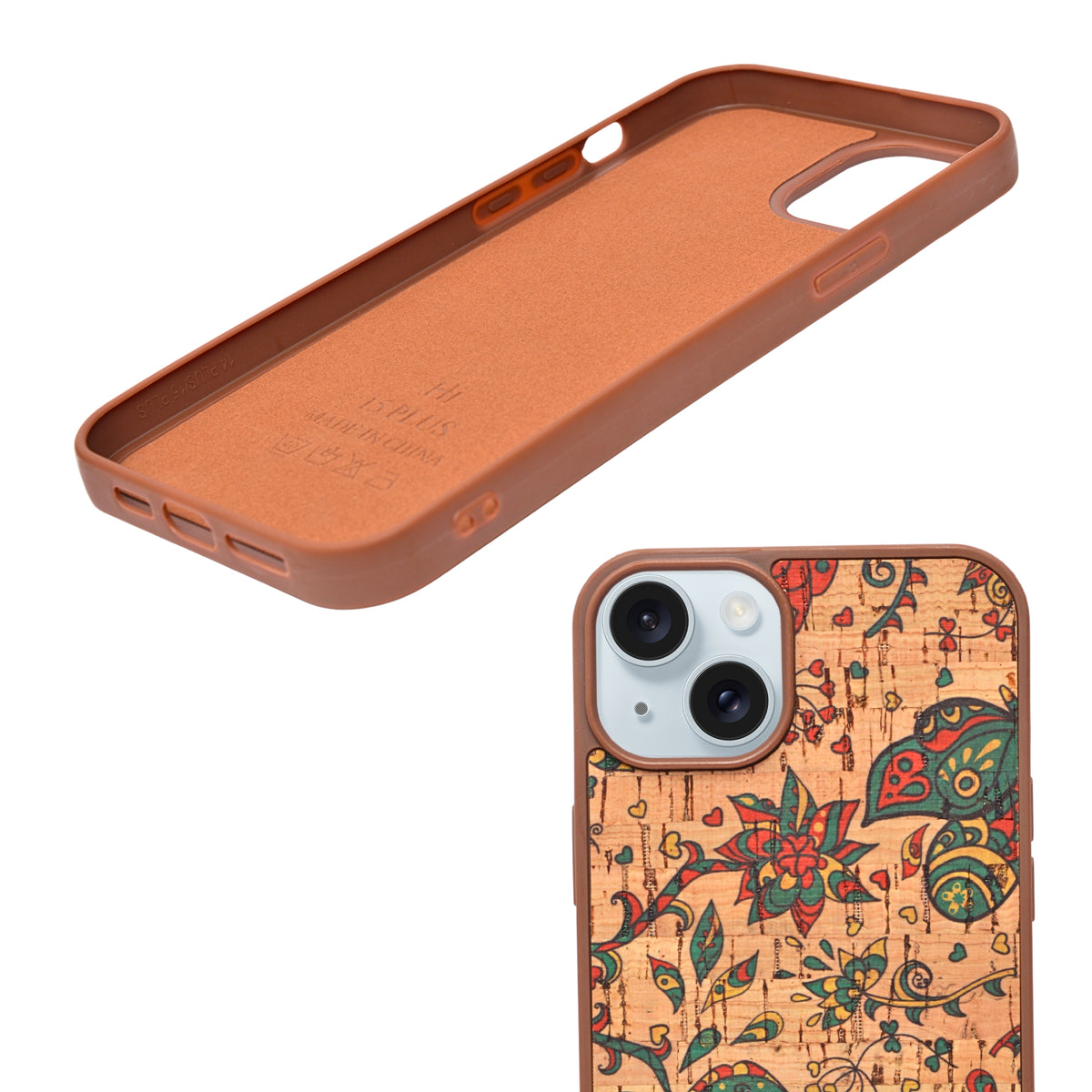 Bohemian Ethnic Print Cork Texture with Pearl Detail Phone Case for iPhone 14 Plus / 15 Plus