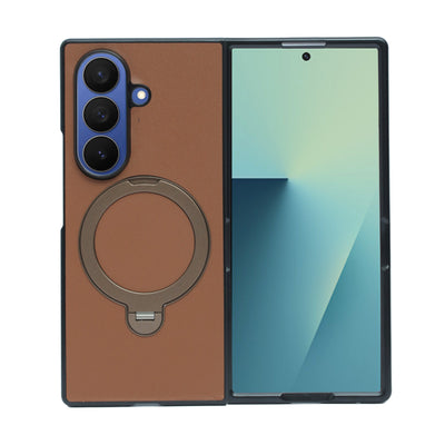 Classic Leather Case with Metal Ring Stand for Samsung Galaxy Z Fold 7 –  Kickstand Grip Cover