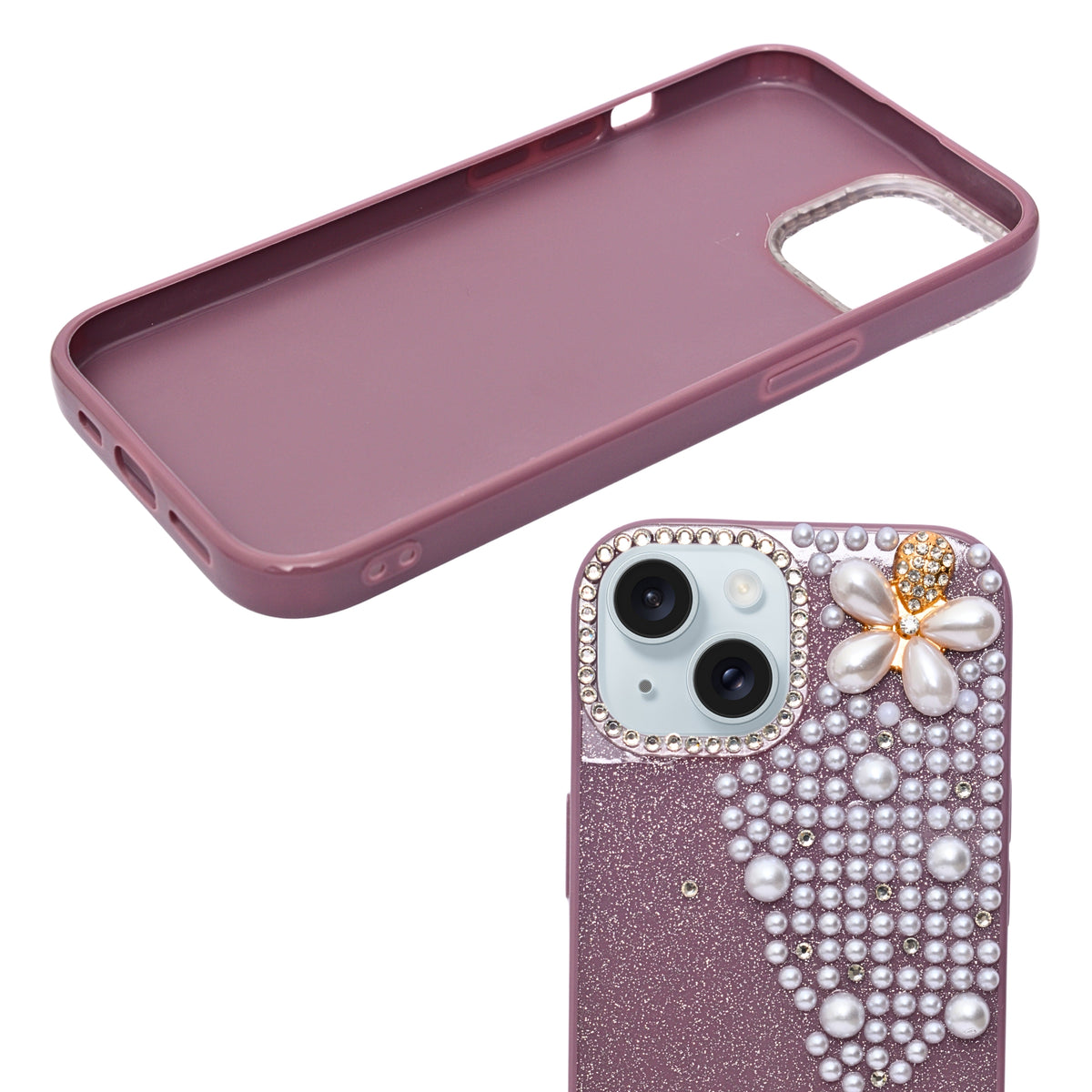 Luxury Glitter Finish with 3D Pearl Flower Design Phone Case for iPhone 14 Plus/ 15 Plus