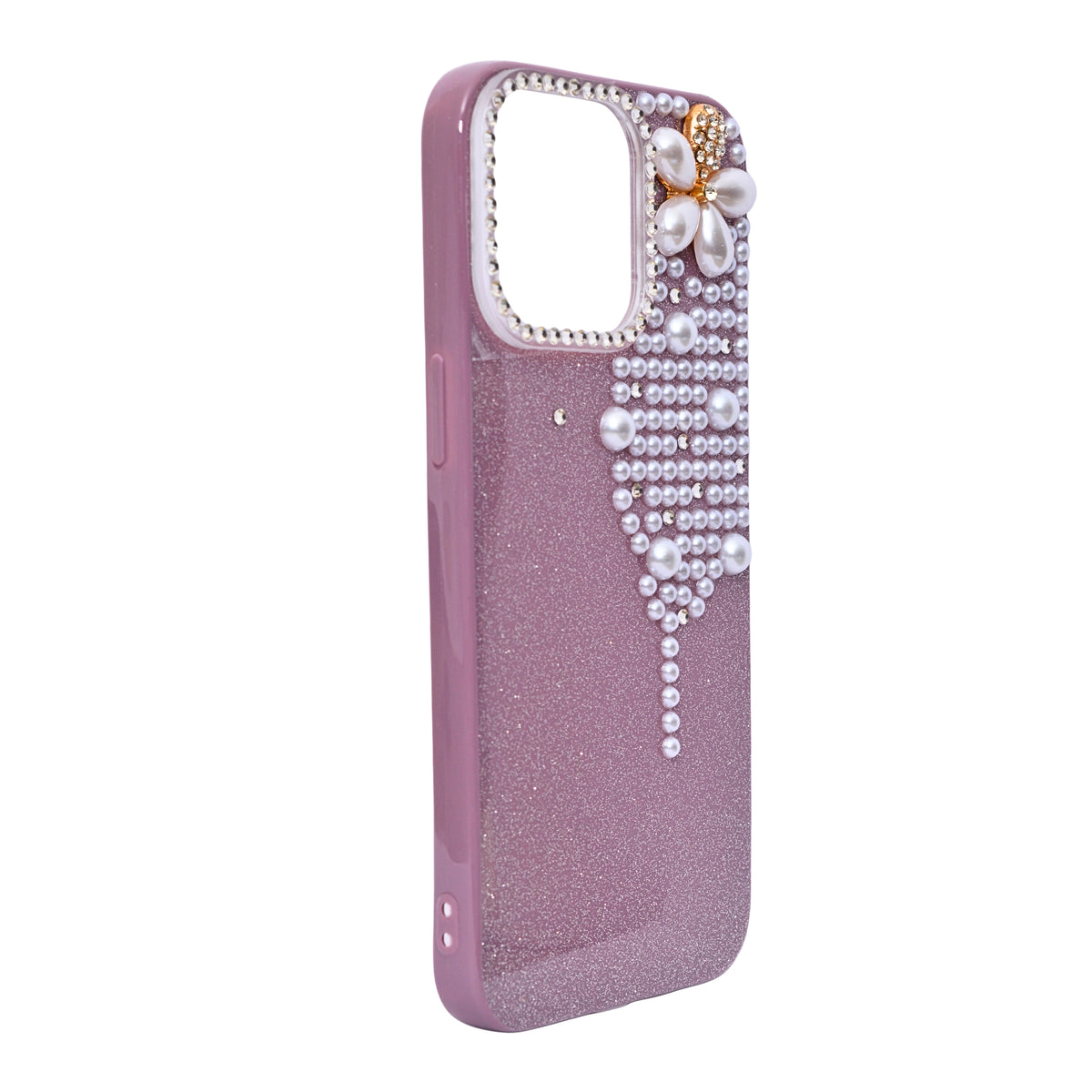 Luxury Glitter Finish with 3D Pearl Flower Design Phone Case for iPhone 14 Pro Max