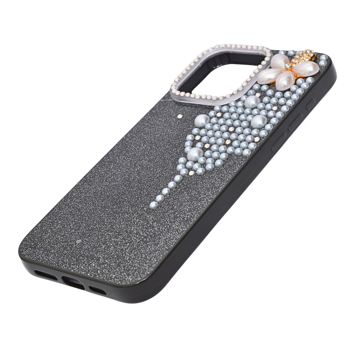 Luxury Glitter Finish with 3D Pearl Flower Design Phone Case for iPhone 14 Pro Max