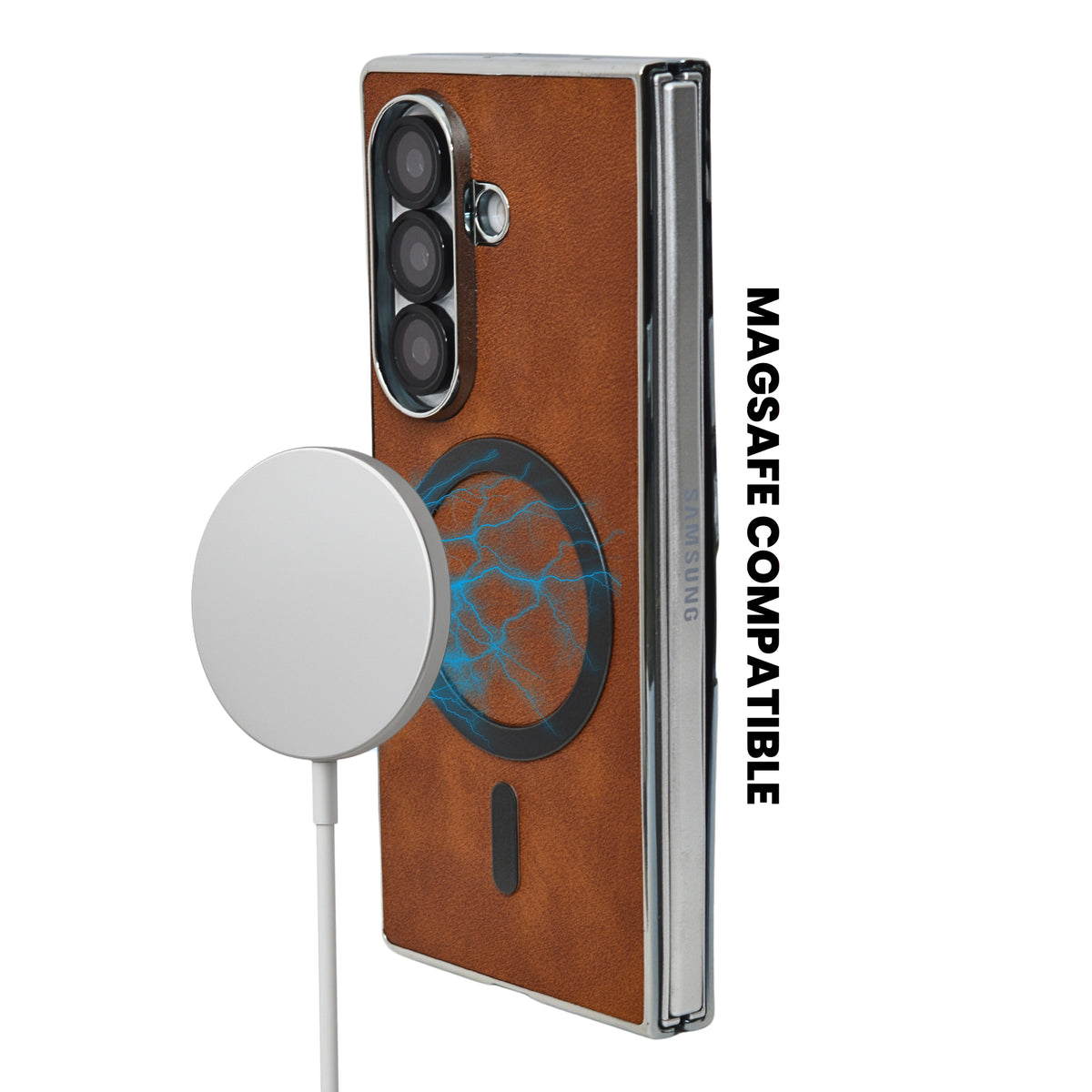 MagSafe Compatible Leather Case for Samsung Galaxy Z Fold 7 – Sleek Magnetic With Side Chrome Back Cover