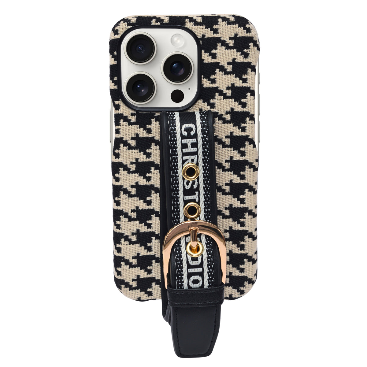 Dior Inspired Houndstooth Pattern with Adjustable Belt Buckle Holder Phone Case for iPhone 14 Pro