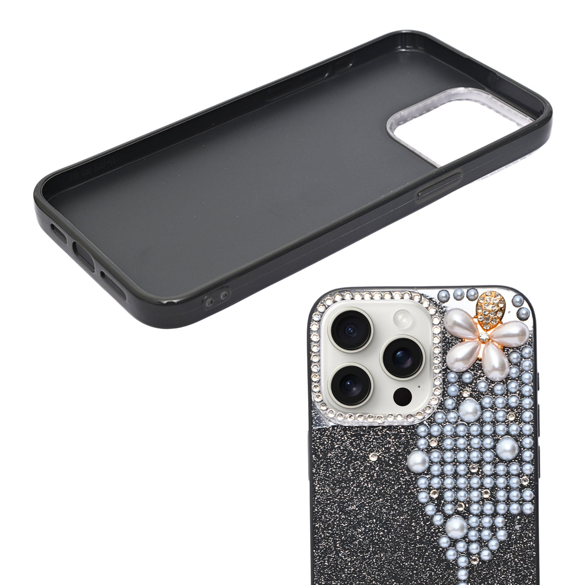 Luxury Glitter Finish with 3D Pearl Flower Design Phone Case for iPhone 14 Pro Max