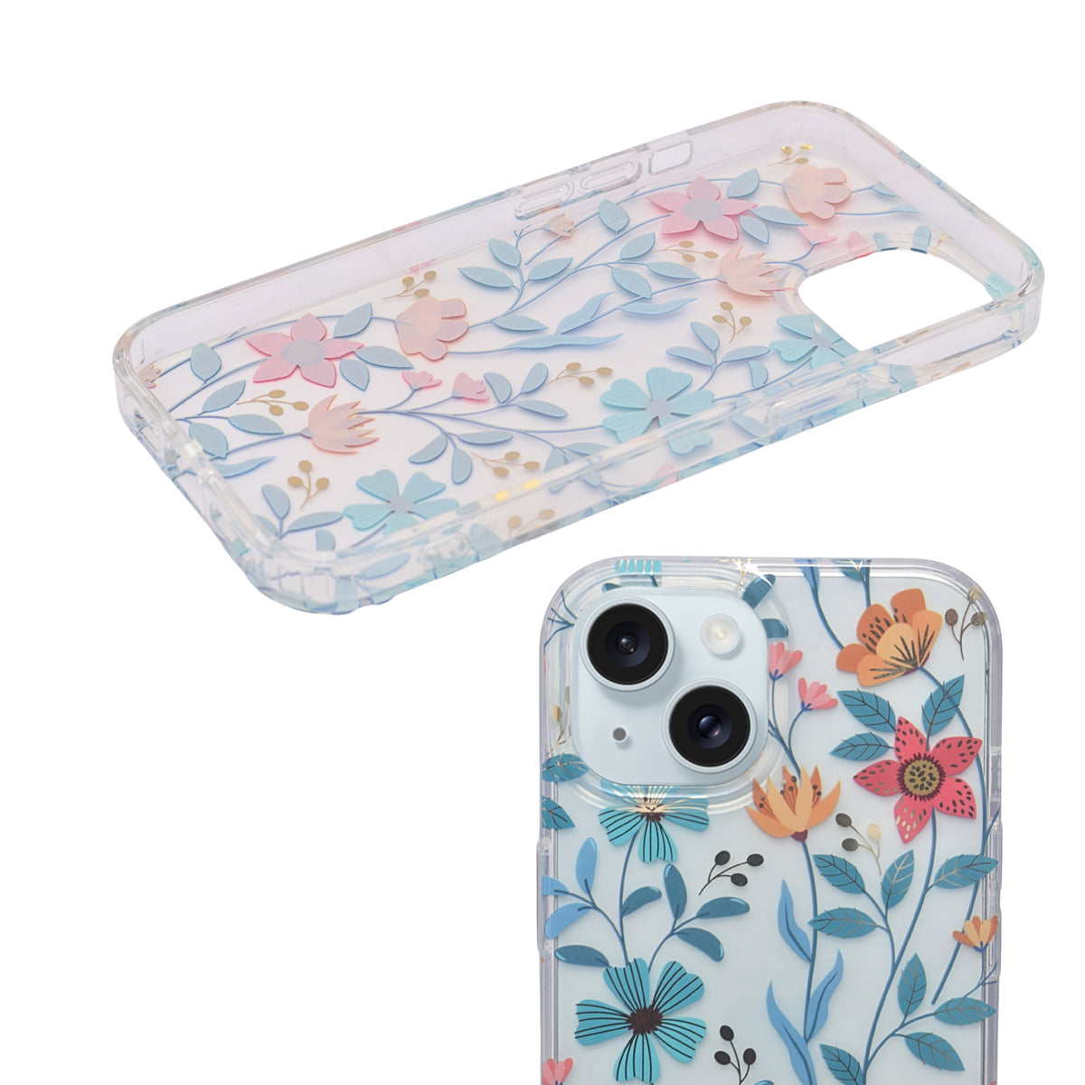 Vibrant Transparent Floral Pattern Phone Case for iPhone 15