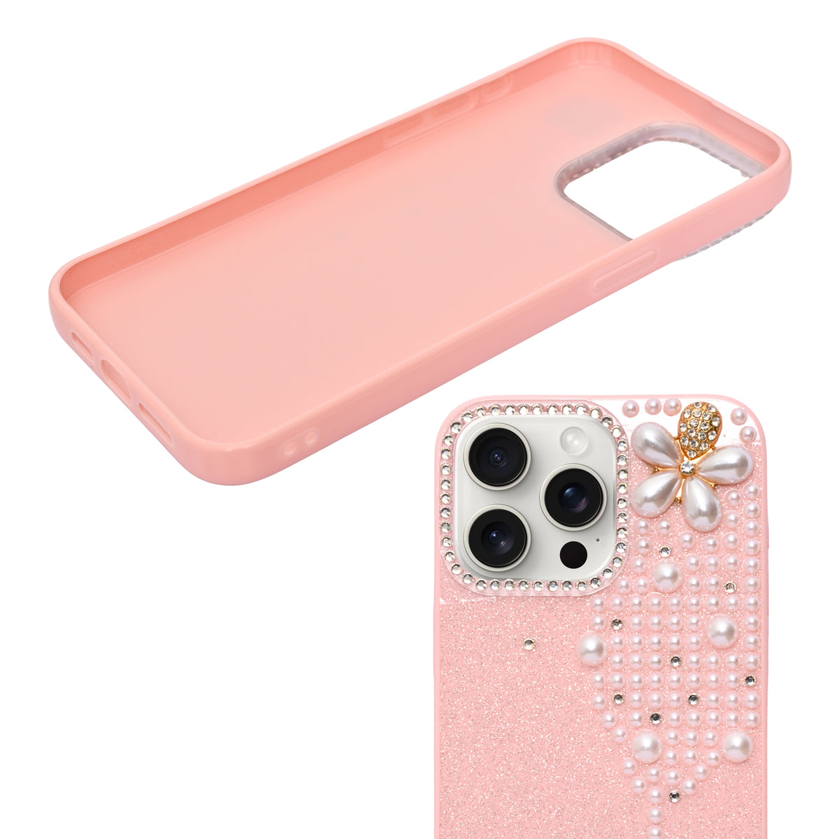 Luxury Glitter Finish with 3D Pearl Flower Design Phone Case for iPhone 14 Pro Max